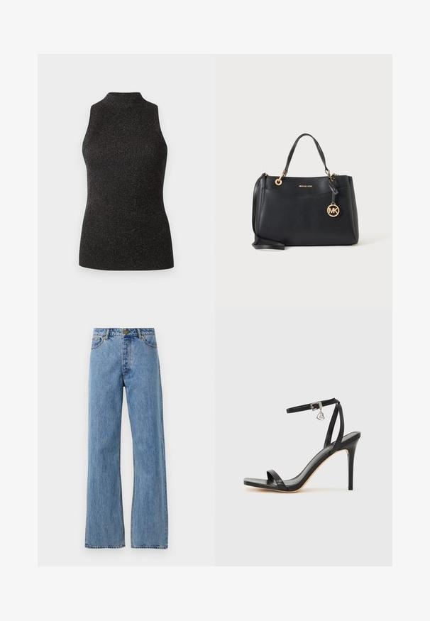 CLOSED SLEEVELESS - Top - black; Jeans de tiro alto de pierna recta en azul claro, con botón frontal, cremallera y diseño de cinco bolsillos sobre un fondo blanco liso.; Sandalia de tacón alto negra con una estrecha correa en el tobillo, punta cuadrada, material de cuero liso y detalle de hebilla metálica.; Bolso de mano de cuero negro con herrajes dorados, doble asa, correa para el hombro y un colgante redondo con el logotipo MK en la parte delantera.