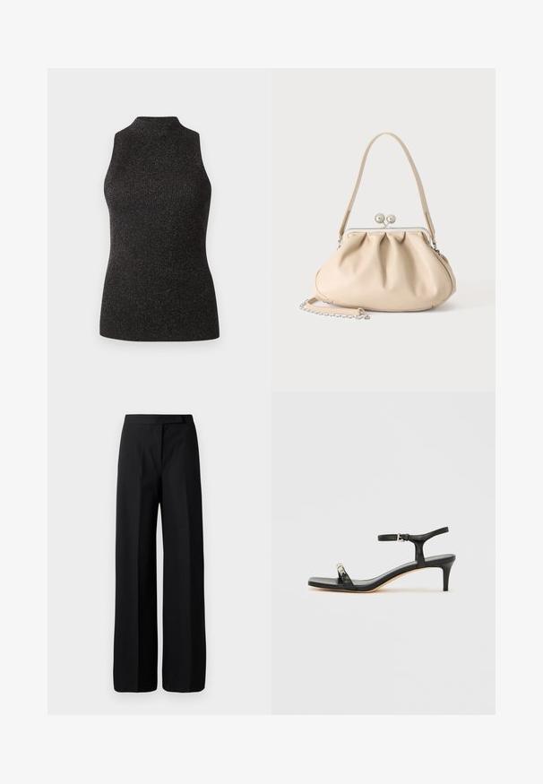 CLOSED SLEEVELESS - Débardeur - black; Pantalons noirs à jambe large avec une texture lisse et mate. Ceinture plate sans matériel ni motifs visibles. Design simple et élégant.; Sandale noire en cuir à talon avec bride à la cheville, bout ouvert, devant carré et accent en métal argenté. Design ajusté avec un profil élégant.; Sac à main en cuir souple beige avec un fermoir en métal argenté, une bandoulière simple et une bandoulière chaîne optionnelle sur fond blanc.