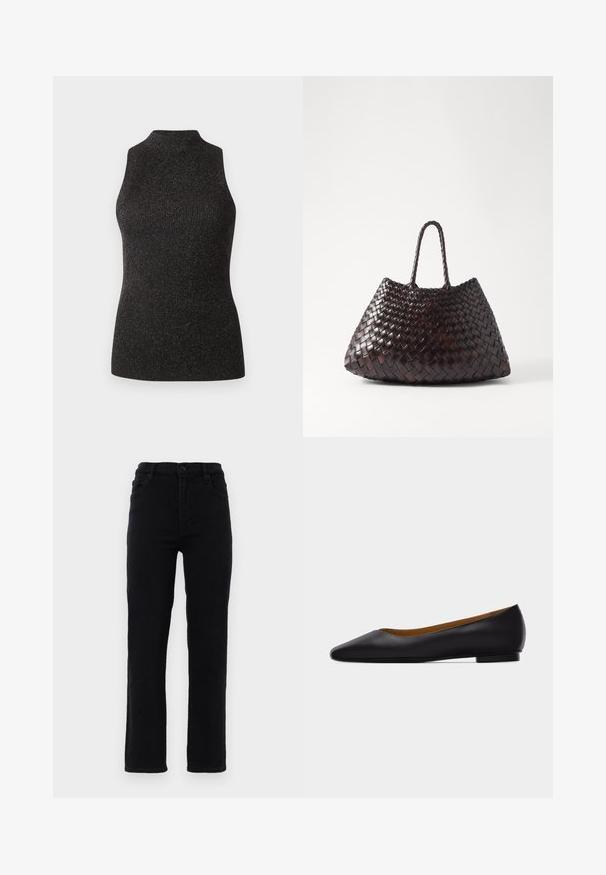 CLOSED SLEEVELESS - Top - black; Zwarte denim jeans met rechte benen, een middelhoge taille en vijf zakken. Voorzien van een knoopsluiting aan de voorkant en riemlussen.; Zwarte leren puntschoen met lage hak en gladde afwerking, zijaanzicht op een lichtgrijze achtergrond.; DRAGON DIFFUSION SANTA CROCE BIG - Handtas - dark brown