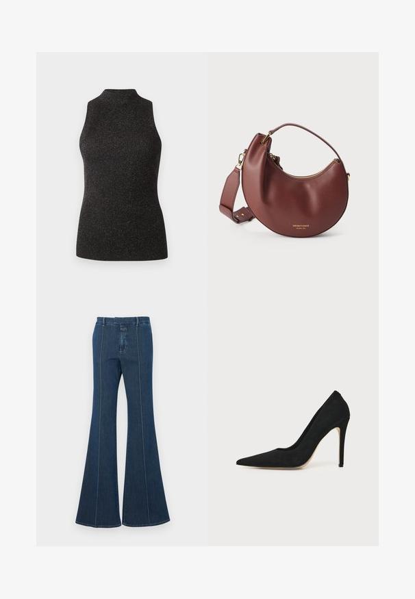CLOSED SLEEVELESS - Top - black; Pantalones de mezclilla acampanados en azul oscuro, con costuras estructuradas y un acabado limpio. Presenta una cinturilla de altura media y piernas anchas y fluidas.; Zapato stiletto negro de tacón alto con punta afilada y textura lisa, mostrado de lado sobre un fondo claro y uniforme.; Bolso de mano marrón de cuero con forma de media luna, cremallera dorada y asa ajustable sobre fondo blanco.