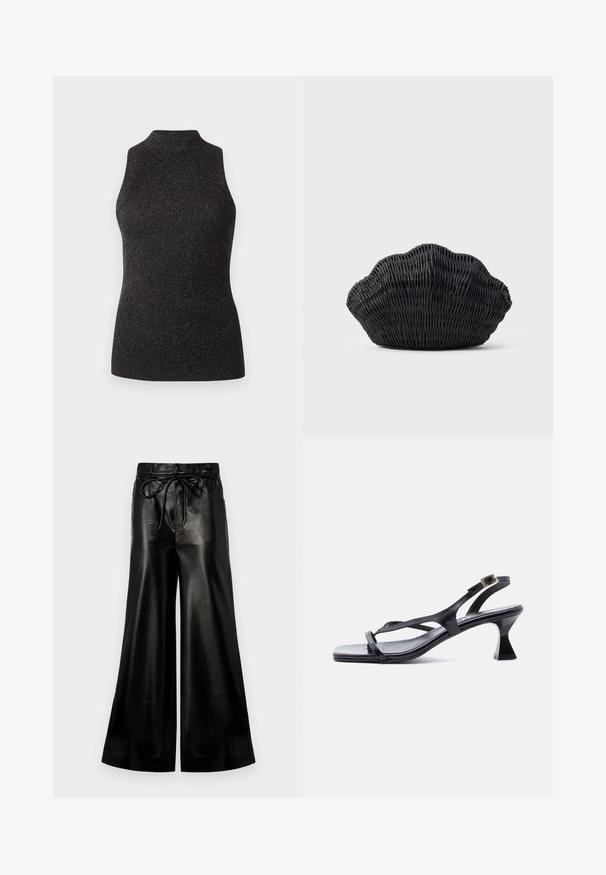 CLOSED SLEEVELESS - Débardeur - black; Pantalons larges en cuir noir avec une taille à cordon de serrage. Texture lisse, taille haute, coupe décontractée, dotés de poches latérales et d'une fermeture à bouton.; Sandale femme en cuir noir avec fines lanières, bout carré, boucle de cheville réglable et talon mi-hauteur évasé.; Sac à main en osier noir en forme de coquille Saint-Jacques avec un dessus courbé et une texture tressée sur un fond uni.