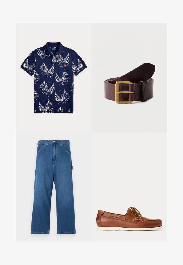 Polo azul marino con patrones de veleros en blanco y azul claro y un logo bordado rojo en el pecho.; Pantalones anchos de mezclilla azul con botón y cremallera en el frente, bolsillos delanteros angulados y un detalle de aro en el lateral.; Zapato náutico de cuero marrón con suela blanca, cordones atados en la parte superior y ojales metálicos a lo largo de los lados y la costura delantera.; Cinturón de cuero marrón oscuro enrollado con una hebilla de latón grabada con la palabra Polo sobre un fondo blanco liso.
