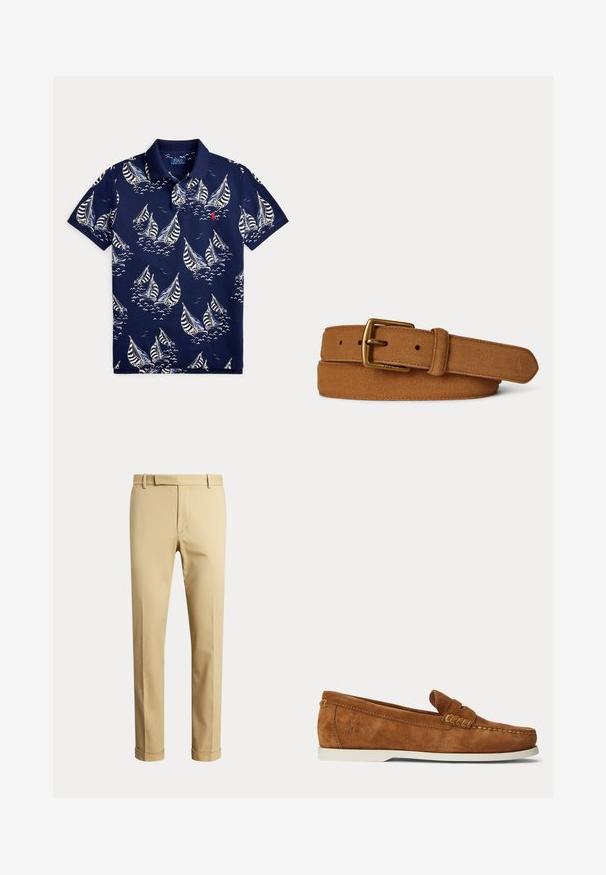Marineblauw poloshirt met witte en lichtblauwe zeilbootpatronen en een rood geborduurd logo op de borst.; Beige broek met rechte pijpen, riemlussen, een gulp aan de voorkant en omgeslagen zomen, afgebeeld tegen een effen lichte achtergrond.; Bruine suède loafer met witte zool, mocassin-stijl stiksels en een klein logo geperst vlak bij de hiel op een effen lichte achtergrond.; Bruine suède leren riem met goudkleurige metalen gesp, gestikte randen en een ingebosst logo op het uiteinde tegen een effen achtergrond.