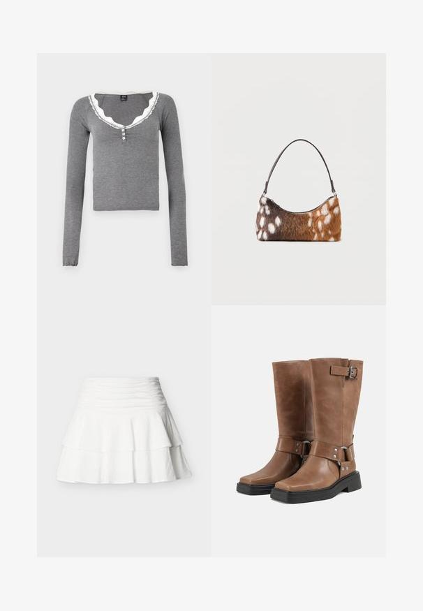 BDG Urban Outfitters DIANA - Langarmshirt - grey; Weißer, gestufter Minirock mit gerafftem hohem Bund, gefertigt aus strukturiertem Stoff, vor einem einfarbigen Hintergrund präsentiert.; Paar braune Lederstiefel bis zur Mitte der Wade mit schwarzen klobigen Sohlen, seitlichen Riemen mit Metallschnallen und Nieten sowie eckigen Zehen.; Schultertasche mit braun-weiß geflecktem Kunstpelz und einem dünnen schwarzen Riemen, dargestellt vor weißem Hintergrund.