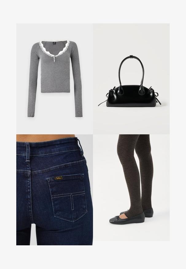 BDG Urban Outfitters DIANA - Longsleeve - grey; Donkerblauwe spijkerbroek met een standaard achterzak. Voorzien van gestikte details en een klein geel label met het merk "Lois."; Benen met donkere geribbelde leggings gecombineerd met zwarte ballerina's met kleine strikdetails op een witte achtergrond.; Kleine zwarte glanzende handtas met twee lange hengsels en zijkant trekkoord details op een effen lichte achtergrond.