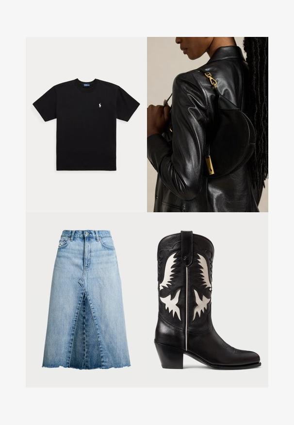 Schwarzes T-Shirt mit kurzen Ärmeln und Rundhalsausschnitt mit kleinem weißem besticktem Polo Ralph Lauren-Logo auf der linken Brust.; Polo Ralph Lauren PANELED DENIM A LINE SKIRT - A-Linien-Rock - lindale wash; Schwarze Ledercowboystiefel mit weißen eckigen Akzenten, dekorativer Stickerei, einer spitzen Zehe und einem niedrigen, gestapelten Absatz.; Person trägt schwarze Lederjacke und trägt schwarze halbmondförmige Handtasche mit goldenem Verschluss über der Schulter vor einfarbigem Hintergrund.