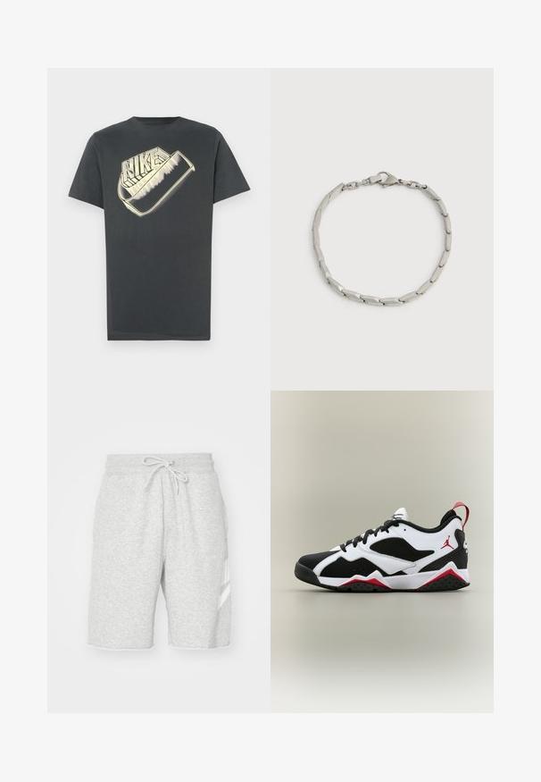 Dunkelgraues Baumwoll-T-Shirt mit rundem Halsausschnitt. Auf der Vorderseite befindet sich ein großes, stilisiertes "Nike"-Logo in einer helleren Farbe.; Herren Sweatshorts in Grau aus weichem Baumwollmaterial, mit elastischem Bund und Kordelzug, Seitentaschen und einem weißen Logodetail.; Niedriger Sneaker in Schwarz, Weiß und Rot mit Mesh-Einsätzen, Schnürverschluss vorne und Jumpman-Logo an der Seite sowie an der Fersenschlaufe.; Armband aus silberfarbenem Metall mit rechteckigen Gliedern und Karabinerverschluss auf weißem Hintergrund.