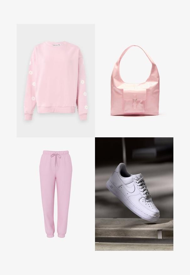 Lichtroze sweatshirt met ronde hals, lange mouwen en witte madeliefjespatronen op de mouwen. Gemaakt van een zachte katoenmix.; Lichtroze joggingsbroek met elastische tailleband, trekkoord, zijzakken en elastische boorden, afgebeeld op een witte achtergrond.; Witte Nike Air Force 1 sneaker die zweeft boven een betonnen oppervlak met schaduwen in een minimalistische setting.; Roze handtas met een glanzende afwerking, grote schouderband, voorvak met een decoratieve gesp. Soepele textuur, minimalistisch ontwerp.