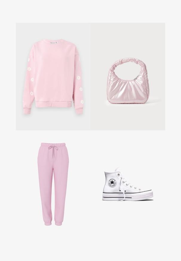 Helles rosa Sweatshirt mit Rundhalsausschnitt, langen Ärmeln und weißen Gänseblümchenmustern auf den Ärmeln. Hergestellt aus weichem Baumwollmischmaterial.; Hellrosa Jogginghose mit elastischem Bund, Kordelzug, Seitentaschen und elastischen Bündchen, abgebildet auf weißem Hintergrund.; Weißer Converse Chuck Taylor All Star High-Top-Sneaker mit schwarzen Streifen und Logo-Patch an der Seite, präsentiert vor einem schlichten weißen Hintergrund.; Rosa, gepolsterte Handtasche mit abgerundeter Form, aus glänzendem Material gefertigt. Verfügt über einen gerafften Griff und einen Reißverschluss für sicheren Zugang.