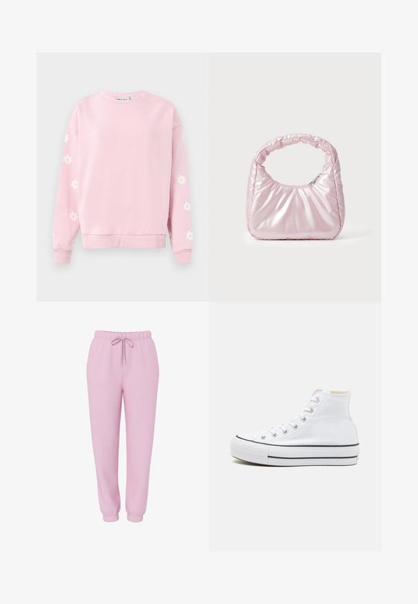Sudadera de color rosa claro con cuello redondo, mangas largas y patrones de margaritas blancas en las mangas. Fabricada con una suave mezcla de algodón.; Pantalones de chándal tipo jogger rosa claro con cinturilla elástica, cordón ajustable, bolsillos laterales y puños elásticos, mostrados sobre un fondo blanco.; Zapatillas altas blancas de material de lienzo, con suela de goma negra y una franja negra en el mediopie. Punta circular y diseño de cordones.; Bolso de mano acolchado en color rosa con un diseño redondeado, fabricado en material brillante. Presenta un asa fruncida y un cierre de cremallera para un acceso seguro.