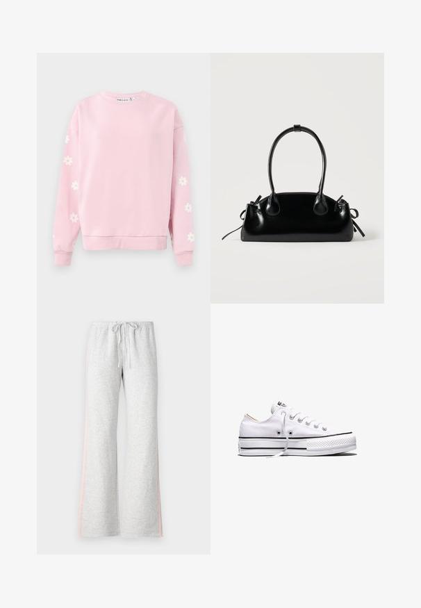 Lichtroze sweatshirt met ronde hals, lange mouwen en witte madeliefjespatronen op de mouwen. Gemaakt van een zachte katoenmix.; Grijze sweatpants met een drawstring taille, rechte pijpen en een lichtroze zijstreep. Gemaakt van zachte, comfortabele stof.; Witte lage canvas sneaker met witte veters, zwarte strepen op de zool en een rubberen, getextureerde neuskap, zijaanzicht op een witte achtergrond.; Kleine zwarte glanzende handtas met twee lange hengsels en zijkant trekkoord details op een effen lichte achtergrond.