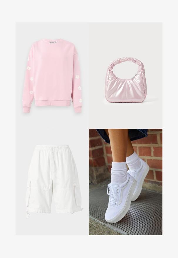 Sweatshirt rose clair avec col rond, manches longues et motifs de marguerites blanches sur les manches. Fabriqué en matériau doux en mélange de coton.; Chino shorts blancs avec une taille élastique et un cordon de serrage, dotés de deux poches latérales et de liens ajustables à l'ourlet. Fabriqués en tissu léger.; Baskets en toile blanches avec semelles en caoutchouc, dotées de six œillets, d'un bout rond et de détails de couture légers, portées avec des chaussettes blanches mi-mollet.; Sac à main rose rembourré avec un design arrondi, fabriqué à partir d'un matériau brillant. Dispose d'une poignée froncée et d'une fermeture éclair pour un accès sécurisé.