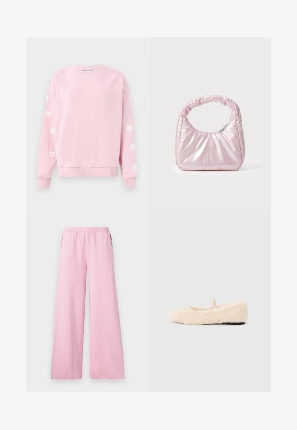 Sudadera de color rosa claro con cuello redondo, mangas largas y patrones de margaritas blancas en las mangas. Fabricada con una suave mezcla de algodón.; Pantalones de pierna ancha rosa, hechos de una tela suave, con una cintura elástica y bolsillos laterales. Presenta un corte recto y fluido.; Pantufla esponjosa de color crema con una textura suave, punta redondeada, diseño minimalista y un pequeño lazo de tela en la parte posterior para facilitar su uso.; Bolso de mano acolchado en color rosa con un diseño redondeado, fabricado en material brillante. Presenta un asa fruncida y un cierre de cremallera para un acceso seguro.