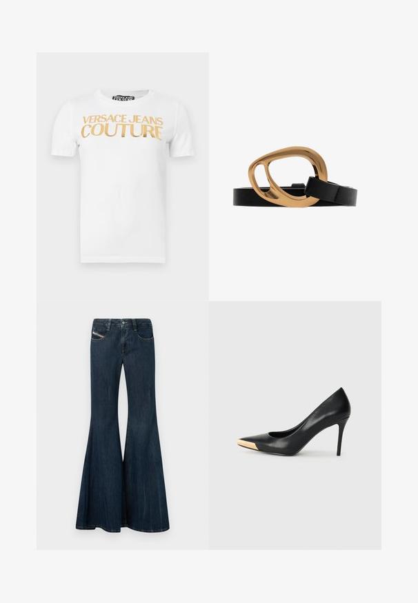 Camiseta blanca de manga corta con el texto dorado "VERSACE JEANS COUTURE" impreso en el pecho.; Pantalones vaqueros de mezclilla azul oscuro con corte acampanado, talle alto, cinco bolsillos y cierre de botón. Presentan un sutil desgaste y detalles de costura.; Zapato de tacón alto de cuero negro con puntera afilada; presenta un detalle metálico dorado en la tapa del tacón. Superficie lisa con un diseño elegante.; Cinturón de cuero negro con una hebilla dorada abstracta y sobredimensionada que presenta formas redondeadas e irregulares sobre un fondo blanco.