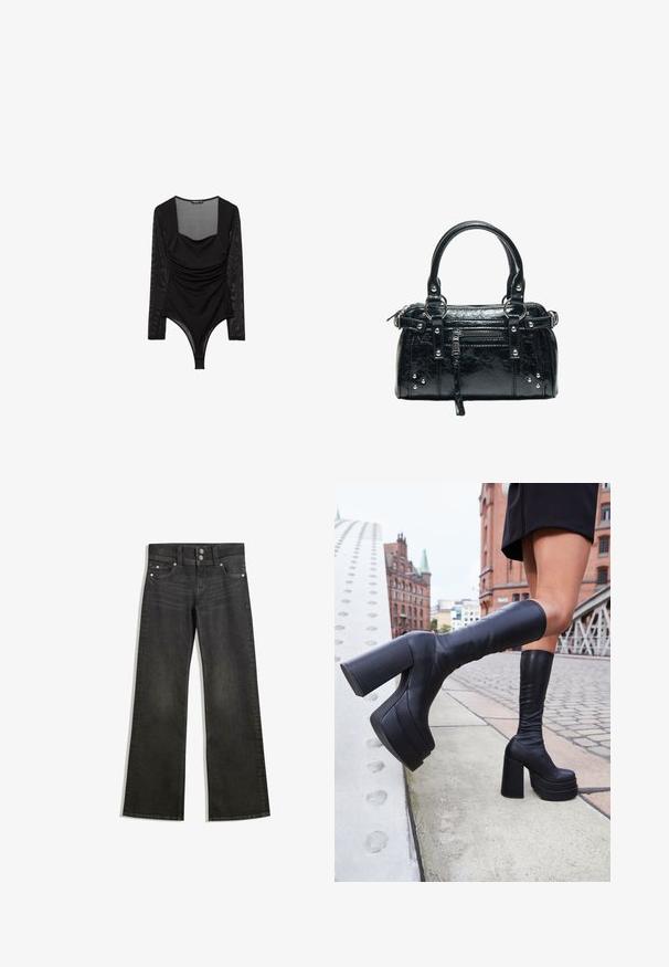 Schwarzer langärmliger Bodysuit mit transparenten Ärmeln, quadratischem Ausschnitt und gerafften Details vorne.; Schwarze Denim-Straßenhosen mit weitem Bein und einer taillierten Taille, die sichtbare Nähte, zwei Fronttaschen und silberne Beschläge an den Knöpfen aufweisen.; Schwarze knöchelhohe Plateaustiefel aus glattem Leder, mit dicken quadratischen Absätzen und einem eleganten Design, vor einer Stadtkulisse.; Schwarze Ledertasche mit zwei Griffen, Frontreißverschlusstasche, silbernen Nieten und strukturierter Oberfläche, isoliert auf weißem Hintergrund.
