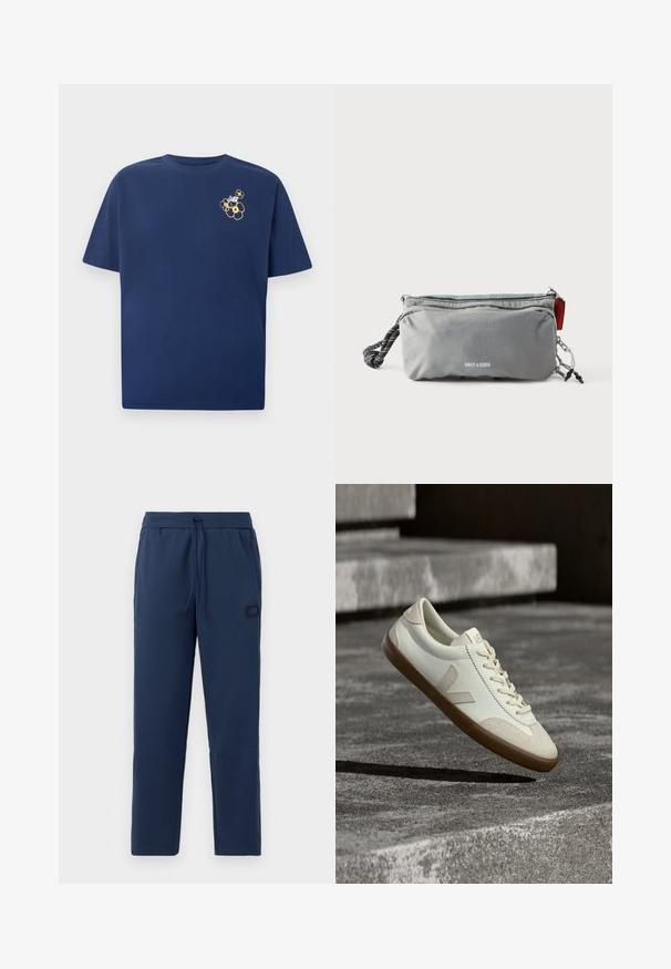 Marineblauw T-shirt met korte mouwen en een kleine verzameling gele en witte bloemenafbeeldingen op de linkerborst.; Donkerblauwe joggingsbroek van een zachte katoenmix, met een elastische tailleband met trekkoord en een klein merkje op de heup.; Witte leren sneakers met een bruine rubberen zool, platte veters en een V-vormig accent aan de zijkant. Ze hebben een glad oppervlak en minimale stikdetails.; Grijze rechthoekige pouch met ritsen, zwart-wit touwhandvat aan één kant, en de tekst "ONLY & SONS" op de voorkant in het midden.