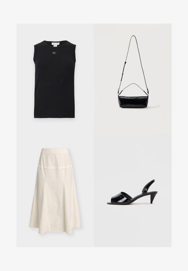 Débardeur côtelé noir sans manches avec encolure ronde et petite écusson du logo Calvin Klein centré sous le col.; Jupe trapèze crème avec fines rayures verticales et une large ceinture ajustée, longueur au genou et ourlet fluide.; Talons slingback en cuir verni noir avec un open toe, présentant un talon mince et un accent de marque sur la sangle.; Sac bandoulière rectangulaire en cuir noir avec bandoulière ajustable, fermeture éclair sur le dessus et petit logo Calvin Klein doré sur le devant.