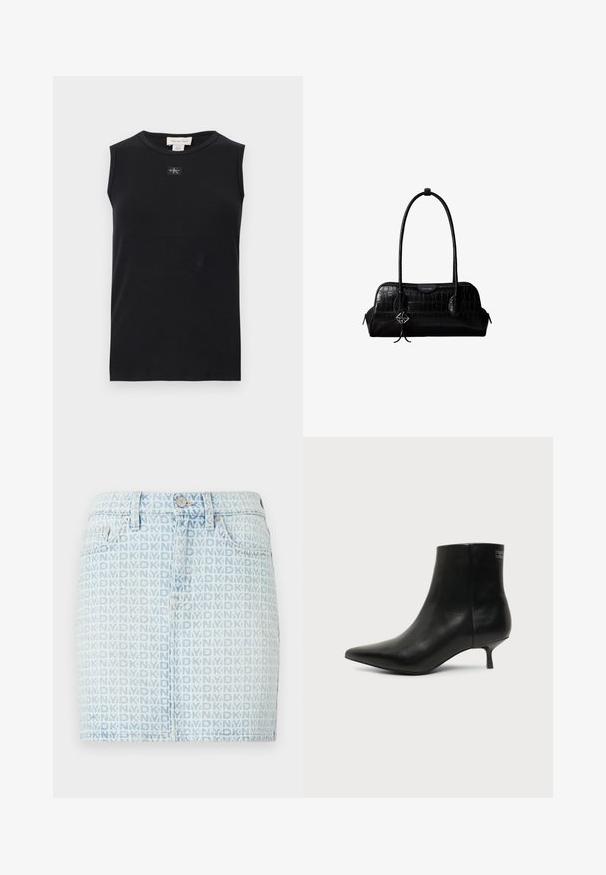 Čierne rebrované tielko bez rukávov s okrúhlym výstrihom a malou nášivkou s logom Calvin Klein umiestnenou v strede pod golierom.; Džínová sukňa v svetlo modrej farbe so vzorom bieleho loga po celom povrchu. Klasický dizajn s piatimi vreckami a zapínaním na prednej strane.; Čierna kožená členková šnúrovacia obuv s ostrou špičkou a nízkym kitten podpätkom na svetlom pozadí, pohľad z vonkajšej strany.; Čierna kožená kabelka na rameno s krokodílou štruktúrou, dlhými remienkami a malým strieborným príveskom s logom na jednom remienku.