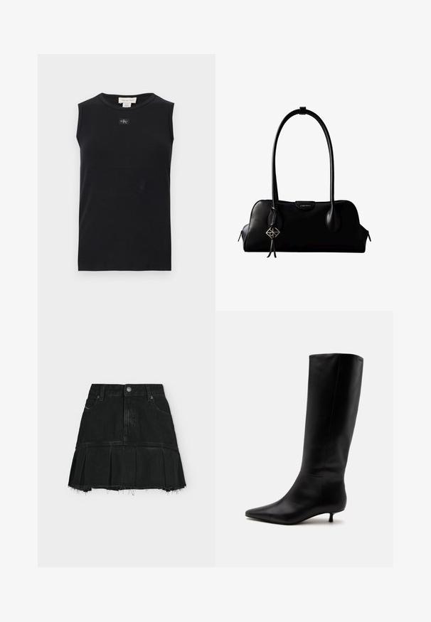 Débardeur côtelé noir sans manches avec encolure ronde et petite écusson du logo Calvin Klein centré sous le col.; Mini-jupe en denim noir avec bas plissé, ourlet effiloché, fermeture à boutons et zip devant, et passants pour ceinture sur un fond clair uni.; Botte noire en cuir jusqu'au genou avec bout pointu et petit talon kitten sur un fond clair uni.; Sac à main en cuir noir Calvin Klein avec de longues anses, une étiquette logo à l'avant et un charme géométrique argenté suspendu à une anse.