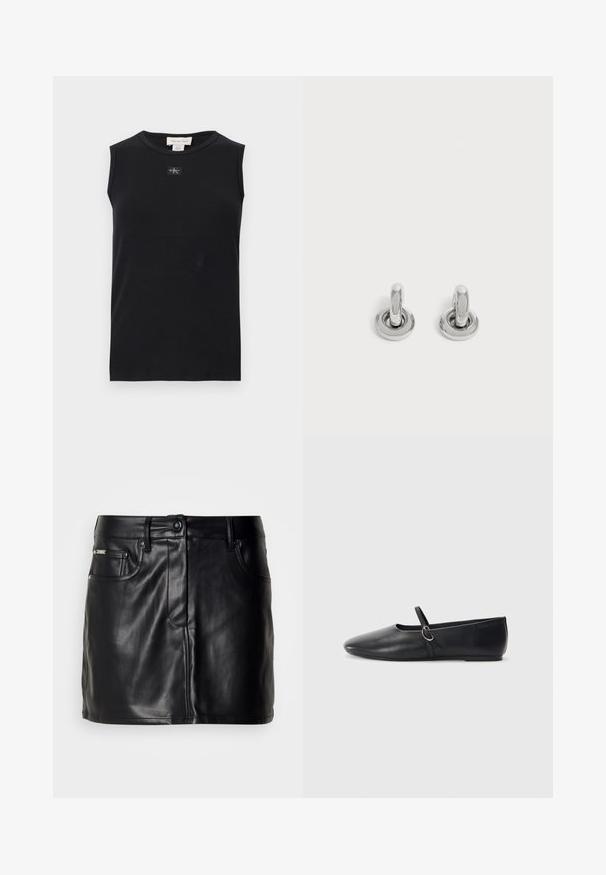 Schwarzes, ärmelloses, geripptes Tanktop mit rundem Ausschnitt und kleinem Calvin Klein Logo-Patch mittig unter dem Kragen.; Schwarzer Leder-Minirock mit tailliertem Design, ausgestattet mit frontalen Taschen, einem Knopfverschluss und glatter Textur.; Schwarze Leder-Ballettschuhe mit spitzem Schuhzeug, flacher Sohle und einem kleinen Riemen mit silberner Schnalle.; Paar kleine, glänzende silberne Creolen mit rundem Sockel, auf einfachem hellem Hintergrund präsentiert.