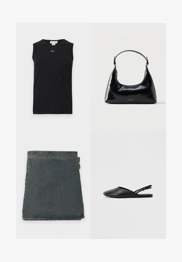 Débardeur côtelé noir sans manches avec encolure ronde et petite écusson du logo Calvin Klein centré sous le col.; Jupe en denim bleu foncé avec une surface texturée, dotée de deux boucles latérales et d'un ourlet droit. Coutures visibles le long des bords.; Chaussures slingback en cuir noir avec un bout pointu, un design incurvé et une sangle réglable à boucle. Texture lisse, semelle plate, détails minimaux.; Sac à main Calvin Klein noir brillant avec fermeture éclair dorée et anse courte sur fond blanc uni.