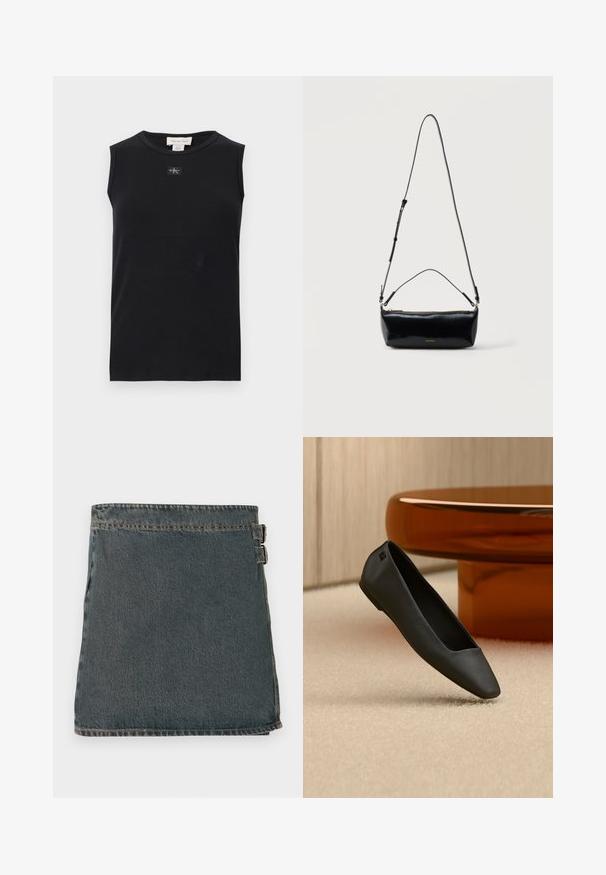 Débardeur côtelé noir sans manches avec encolure ronde et petite écusson du logo Calvin Klein centré sous le col.; Jupe en denim bleu foncé avec une surface texturée, dotée de deux boucles latérales et d'un ourlet droit. Coutures visibles le long des bords.; Chaussure plate noire à bout pointu reposant sur un tapis beige près d'une table ronde de couleur ambre dans un décor minimaliste.; Sac bandoulière rectangulaire en cuir noir avec bandoulière ajustable, fermeture éclair sur le dessus et petit logo Calvin Klein doré sur le devant.