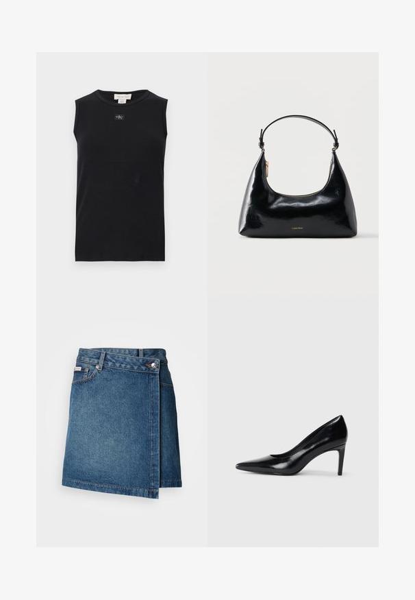 Sort ærmeløs ribstrikket tanktop med rund halsudskæring og lille Calvin Klein-logo, der er placeret centralt under kraven.; Denim nederdel i mellemblå med wrap-design, der har en knap- og lynlåslukning, samt synlig stikning langs kanten.; Sort læder højhælede sko med spids tå, glat tekstur og en taperet hæl. Minimalistisk design uden yderligere udsmykninger.; Sort blank Calvin Klein håndtaske med gyldent lynlås og kort rem mod en ensfarvet hvid baggrund.