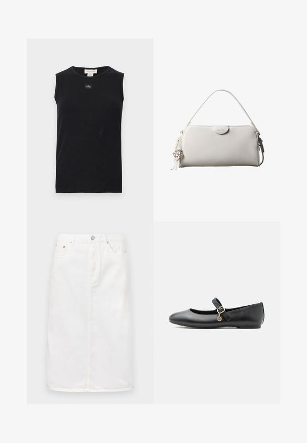 Camiseta de tirantes negra con costillas, escote redondo y pequeño parche con el logo de Calvin Klein centrado debajo del cuello.; Falda de mezclilla blanca con cremallera frontal, diseño de cinco bolsillos y silueta recta con acentos de costura.; Zapato plano Mary Jane de cuero negro con una pequeña hebilla dorada y un charm circular sobre fondo blanco.; Bolso rectangular blanco de Calvin Klein con un solo asa, diseño minimalista y borlas decorativas con un charm metálico geométrico en el lateral.