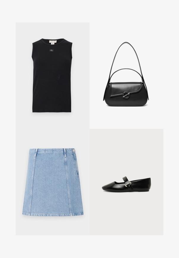Must mustriga varrukateta top, ümara kaelusega ja väikese Calvin Kleini logoga plaastriga kaela all keskel.; Hele sinine denim seelik sirge lõikega, nähtavad õmblustead, ning küljetasku. Materjal on tekstuurne ja pehme viimistlusega.; Mustast nahast Mary Janed madala kontsaga king, ümar nina ja hõbedase pandlaga triibuga, üheljalgsel taustal.; Must nahast õlakott kõverda kaanega, mida hoiab kinni ümmargune metallist klamber ja millel on õhuke, reguleeritav rihm.