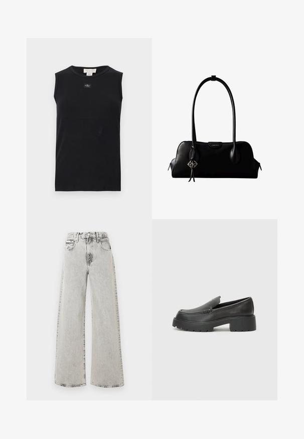 Sort ærmeløs ribstrikket tanktop med rund halsudskæring og lille Calvin Klein-logo, der er placeret centralt under kraven.; Vide ben jeans i lys grå denim med en falmet vask, forlommer og lukkes med knap. Designet er afslappet og rummeligt.; Sorte læder loafers med rund tå, tyk tekstureret sål og minimale syninger. Elegant design uden synlige snørebånd eller hardware.; Sort lædertaske fra Calvin Klein med lange håndtag, en forside-logo-tag og en sølv geometrisk vedhæng, der hænger fra det ene håndtag.