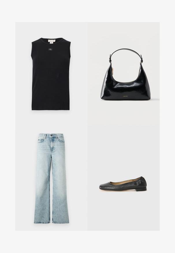 Débardeur côtelé noir sans manches avec encolure ronde et petite écusson du logo Calvin Klein centré sous le col.; Jean large bleu clair en denim, avec taille haute, ourlet court et une texture douce avec des détails décolorés.; Ballerines en cuir noir avec un bout arrondi et des coutures minimales. Talon bas et rectangulaire avec une texture lisse. Détails subtils de doublure intérieure.; Sac à main Calvin Klein noir brillant avec fermeture éclair dorée et anse courte sur fond blanc uni.