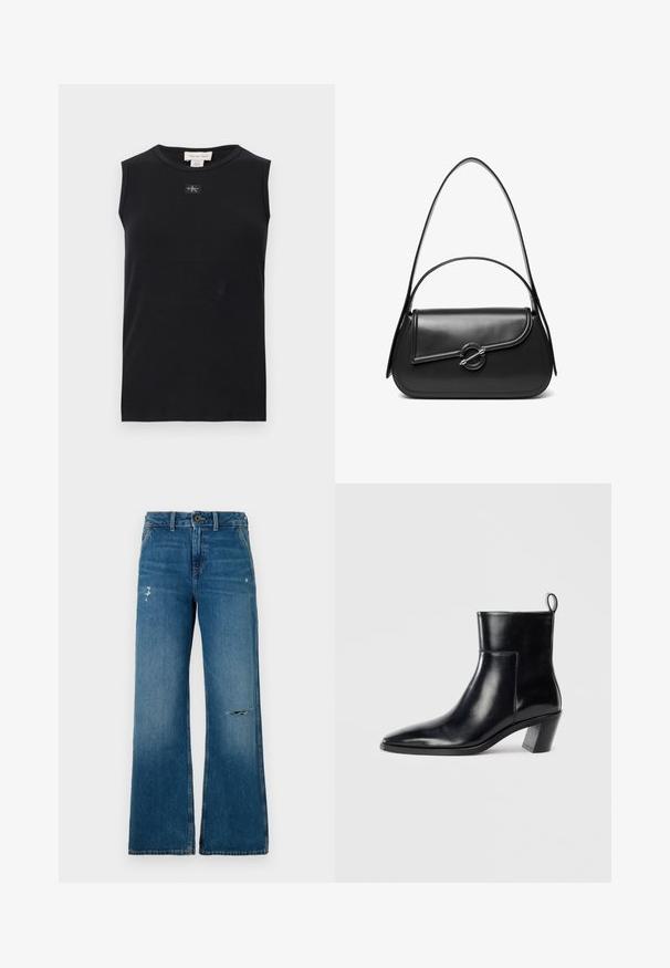 Zwart mouwloos, geribbeld tanktop met ronde hals en een klein Calvin Klein-logoplaatje in het midden onder de kraag.; Blauwe denim wijde jeans met een vervaagde textuur, voorzien van twee versleten gedeelten aan de voorkant, een knoopsluiting en een vijf-pocket ontwerp.; Zwarte leren enkelboot met een spitse neus, een geometrische gestapelde hak en een trekband aan de achterkant. Gladde textuur en slank ontwerp.; Zwarte leren schoudertas met een gebogen klep die is bevestigd met een ronde metalen sluiting en een smalle, verstelbare band.