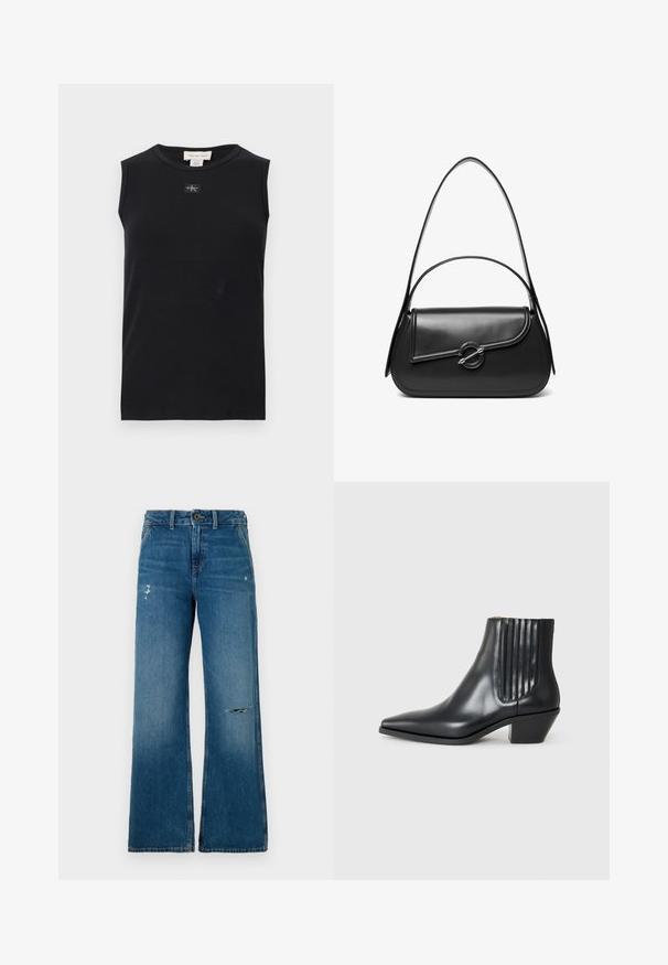Sort ærmeløs ribstrikket tanktop med rund halsudskæring og lille Calvin Klein-logo, der er placeret centralt under kraven.; Blå denim bukser med brede ben og en falmet struktur, der har to slidte områder foran, en knaplukning og fem lomme-design.; Sorte læder ankelstøvle med spids tå, elastiske sidepaneler med lodrette riller og en lav blokhæl. Glat tekstur og slankt design.; Sort skuldertaske i læder med en buet klap, der er fastgjort med en rund metal spænde, og en slank, justerbar rem.