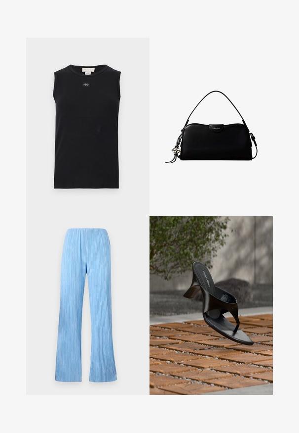 Débardeur côtelé noir sans manches avec encolure ronde et petite écusson du logo Calvin Klein centré sous le col.; Pantalons plissés bleu clair avec un design à jambes larges, présentant des rayures verticales et une taille élastique pour plus de confort. Tissu lisse et léger.; Sandale à talon noire Calvin Klein en forme de tongs flottant au-dessus d'une surface extérieure carrelée avec de la verdure et un mur en béton en arrière-plan.; Sac à main rectangulaire noir Calvin Klein avec une seule sangle supérieure, un charm logo argenté et une petite fermeture à rabat sur le devant.