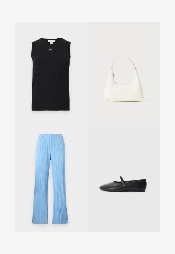 Débardeur côtelé noir sans manches avec encolure ronde et petite écusson du logo Calvin Klein centré sous le col.; Pantalons plissés bleu clair avec un design à jambes larges, présentant des rayures verticales et une taille élastique pour plus de confort. Tissu lisse et léger.; Ballerines noires en cuir avec un bout pointu, une semelle plate et une petite sangle avec un détail de boucle en argent.; Petit sac blanc à épaule avec une seule bandoulière ajustable et une fermeture éclair, sur un fond blanc uni.