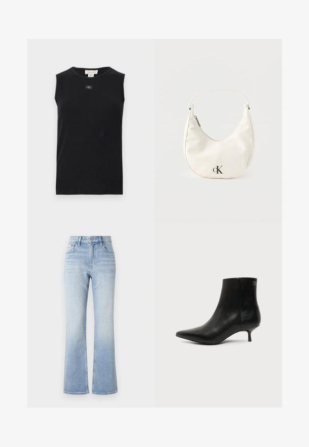 Zwart mouwloos, geribbeld tanktop met ronde hals en een klein Calvin Klein-logoplaatje in het midden onder de kraag.; Lichtblauwe denim flared jeans met een hoge taille, contrasterende stiksels, voorvakken en een subtiele vervaging naar de zoom toe.; Zwart leren enkellaars met puntige neus en lage kittenhak op lichte achtergrond, zijaanzicht buitenkant.; Kleine witte handtas in de vorm van een halve maan met een kort hengsel, ritssluiting en zwart "cK" logo aan de voorkant.