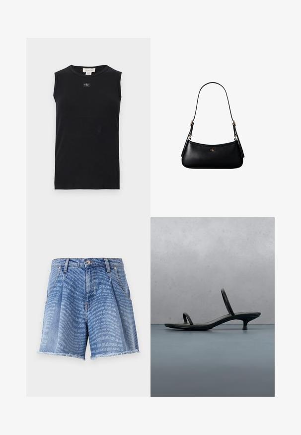 Sort ærmeløs ribstrikket tanktop med rund halsudskæring og lille Calvin Klein-logo, der er placeret centralt under kraven.; Lysblå denimshorts med en falmet vask, der har et gentaget "JOOP! JEANS" print over det hele. Den frynsede kant tilføjer tekstur.; Sort Calvin Klein sandal med hæl og tynde stropper, balancerende på træfliser udendørs nær en væg og grønne planter.; Sort læder mini skuldertaske med tynd rem og lille gyldent CK-logo på fronten i midten.