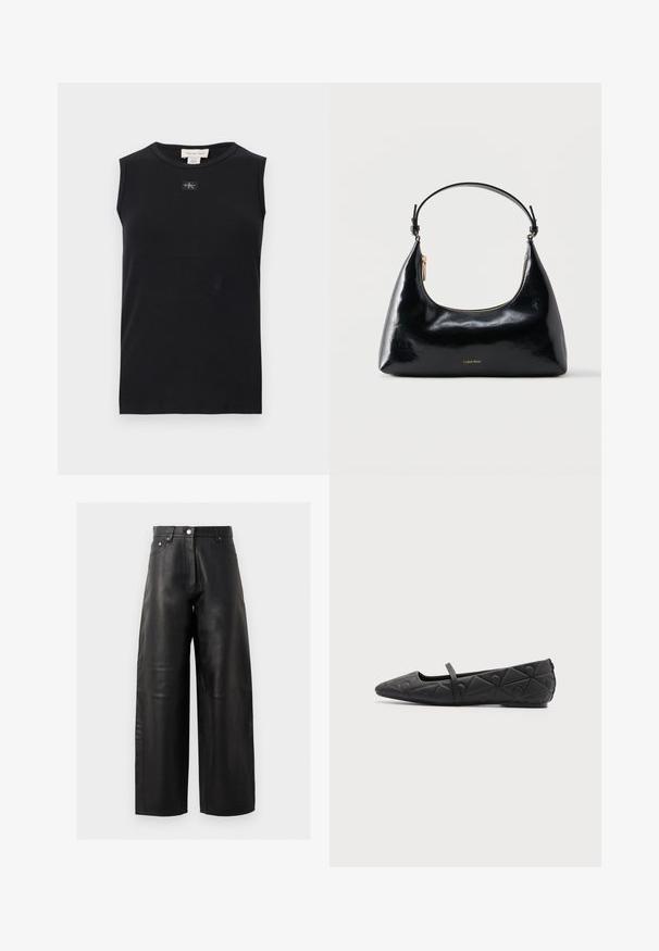 Débardeur côtelé noir sans manches avec encolure ronde et petite écusson du logo Calvin Klein centré sous le col.; Pantalons larges en cuir noir avec taille haute, poches avant et détails de couture subtils. La texture lisse met en valeur le design.; Chaussure plate noire à bout pointu avec motifs géométriques matelassés et une fine bride sur le cou-de-pied sur fond uni.; Sac à main Calvin Klein noir brillant avec fermeture éclair dorée et anse courte sur fond blanc uni.