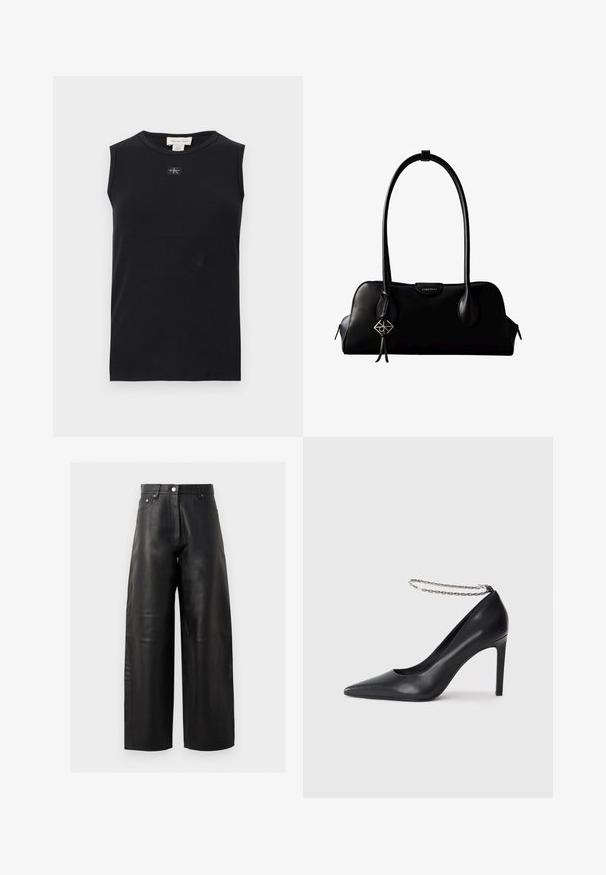 Débardeur côtelé noir sans manches avec encolure ronde et petite écusson du logo Calvin Klein centré sous le col.; Pantalons larges en cuir noir avec taille haute, poches avant et détails de couture subtils. La texture lisse met en valeur le design.; Escarpin noir en cuir avec un bout pointu, doté d'une fine bride de cheville en chaîne argentée et d'une texture lisse et élégante.; Sac à main en cuir noir Calvin Klein avec de longues anses, une étiquette logo à l'avant et un charme géométrique argenté suspendu à une anse.