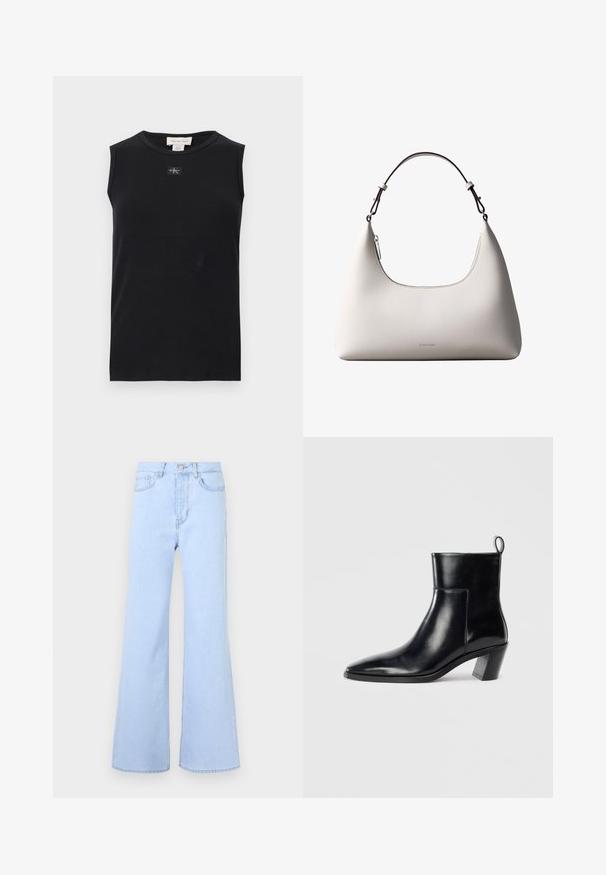 Schwarzes, ärmelloses, geripptes Tanktop mit rundem Ausschnitt und kleinem Calvin Klein Logo-Patch mittig unter dem Kragen.; Helle blaue Schlagjeans mit hoher Taille, die über fünf Taschen, einen Knopfverschluss und eine glatte Denim-Oberfläche verfügen. Der Saum ist sauber genäht.; Schwarze Leder-Ankleboots mit spitzem Zeh, geometrischem Blockabsatz und einem Zugband hinten. Glatte Textur und elegantes Design.; Cremefarbene Calvin Klein Lederschultertasche mit gebogener Oberkante, silbernem Reißverschluss und dunkelbraunem verstellbarem Riemen.