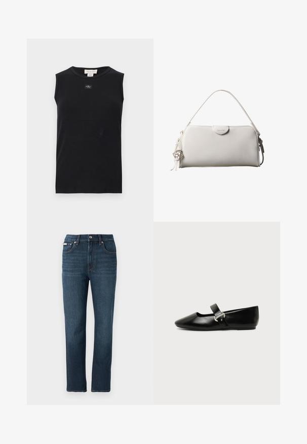 Débardeur côtelé noir sans manches avec encolure ronde et petite écusson du logo Calvin Klein centré sous le col.; Jean en denim bleu foncé avec une coupe droite, poches avant, fermeture par bouton et détails de couture subtils sur la taille.; Chaussure plate Mary Jane en cuir noir avec bout arrondi et bride à boucle argentée sur fond uni.; Sac à main rectangulaire blanc Calvin Klein avec une seule poignée, design minimaliste et pampilles décoratives avec un charm métallique géométrique sur le côté.