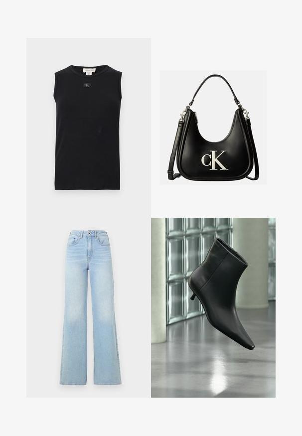 Schwarzes, ärmelloses, geripptes Tanktop mit rundem Ausschnitt und kleinem Calvin Klein Logo-Patch mittig unter dem Kragen.; Hellblaue High-Waist-Jeans mit weitem Bein-Design. Verfügt über fünf Taschen und einen Knopfverschluss, aus Denim mit leichtem Verblassen.; Schwarzer Leder-Stiefelette mit spitzer Zehenpartie und niedrigem Kitten-Heel, schräg dargestellt vor einem polierten Boden und einer Glasbausteinwand.; Schwarze Lederhandtasche mit silbernem "cK" Logo vorne, mit kurzem Griff und längerem verstellbarem Schulterriemen.