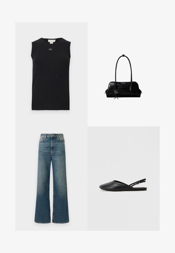Sort ærmeløs ribstrikket tanktop med rund halsudskæring og lille Calvin Klein-logo, der er placeret centralt under kraven.; Bredde ben jeans i medium blå denim, med høj talje, fem-lomme design og en subtil falmet finish. Kobberknap og syninger som detaljer.; Sorte læderslippers med spids tå, buet design og justerbar spænde. Glat tekstur, flad sål, minimalistisk detaljering.; Sort skuldertaske i krokodillelæder med lange stropper og lille sølvlogo-charm på den ene strop.