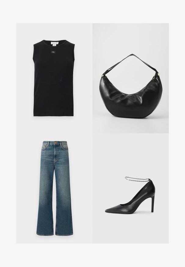 Sort ærmeløs ribstrikket tanktop med rund halsudskæring og lille Calvin Klein-logo, der er placeret centralt under kraven.; Bredde ben jeans i medium blå denim, med høj talje, fem-lomme design og en subtil falmet finish. Kobberknap og syninger som detaljer.; Sorte læder højhælede pumps med spids tå, der har en tynd sølvkæde ankelrem og en slank, glat tekstur.; Sort læder skuldertaske med en buet form, blød tekstur og en enkelt rem; har en guldbeslået lynlås og diskret branding.