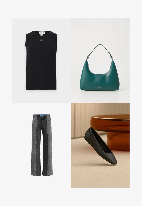 Camiseta de tirantes negra con costillas, escote redondo y pequeño parche con el logo de Calvin Klein centrado debajo del cuello.; Jeans de pierna ancha en denim negro y gris. Presentan una cintura alta con cierre de botón, cinco bolsillos y paneles verticales en contraste.; Zapato plano negro de punta afilada descansando sobre una alfombra beige cerca de una mesa redonda de color ámbar en un entorno de habitación minimalista.; Bolso de mano en color teal con forma curva y una correa para el hombro, presentando un sutil logo de Calvin Klein en la parte frontal sobre un fondo blanco liso.