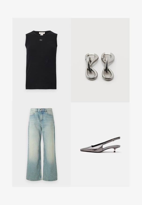 Sort ærmeløs ribstrikket tanktop med rund halsudskæring og lille Calvin Klein-logo, der er placeret centralt under kraven.; Lyseblå vide jeans lavet af denim, med en afdæmpet vask, klassisk fem-lomme design og en frontknaplukning.; Metalgrå spids slingback-sko med lav kittenhæle og justerbar rem på hvid baggrund.; Par af sølvtonede metale øreringe med abstrakt sammenflettet løbedesign på hvid baggrund.