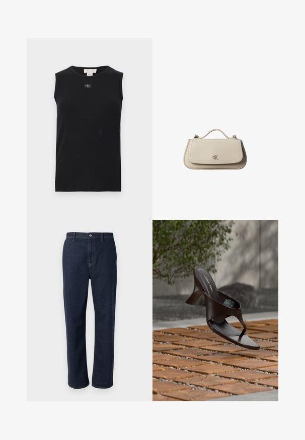 Black sleeveless ribbed tank top with round neckline and small Calvin Klein logo patch centered below collar.; Dark blue denim jeans with a straight leg design, featuring a zip fly, front pockets, and visible stitching in a contrasting color.; Brown Calvin Klein heeled thong sandal suspended above wooden tile and gravel outdoor ground with blurred greenery and stone backdrop.; Small beige leather handbag with top handle and silver CK logo on front flap, shown against a white background.
