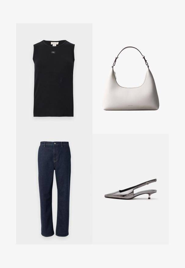 Zwart mouwloos, geribbeld tanktop met ronde hals en een klein Calvin Klein-logoplaatje in het midden onder de kraag.; Donkerblauwe denim jeans met een recht lijn ontwerp, voorzien van een ritssluiting, frontzakken en zichtbare stiksels in een contrasterende kleur.; Metallic grijze slingback-schoen met spitse neus, lage kittenhak en verstelbare band op een witte achtergrond.; Romige Calvin Klein leren schoudertas met gebogen bovenrand, zilveren rits en donkerbruine verstelbare riem.