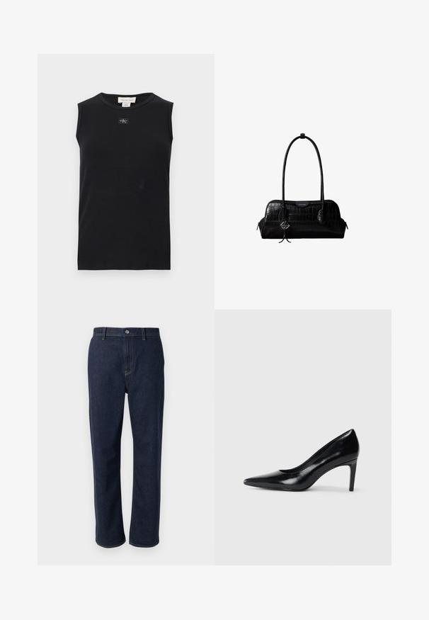 Schwarzes, ärmelloses, geripptes Tanktop mit rundem Ausschnitt und kleinem Calvin Klein Logo-Patch mittig unter dem Kragen.; Dunkelblaue Denim-Jeans mit geradem Bein, versehen mit einem Reißverschluss, Fronttaschen und sichtbaren Nähten in einer kontrastierenden Farbe.; Schwarzer Lederhochschuh mit spitzem Zehenbereich, glatter Textur und schmalem Absatz. Minimalistisches Design, keine zusätzlichen Verzierungen.; Schwarze Umhängetasche aus krokodilstrukturiertem Leder mit langen Riemen und einem kleinen silbernen Logocharm an einem Riemen.