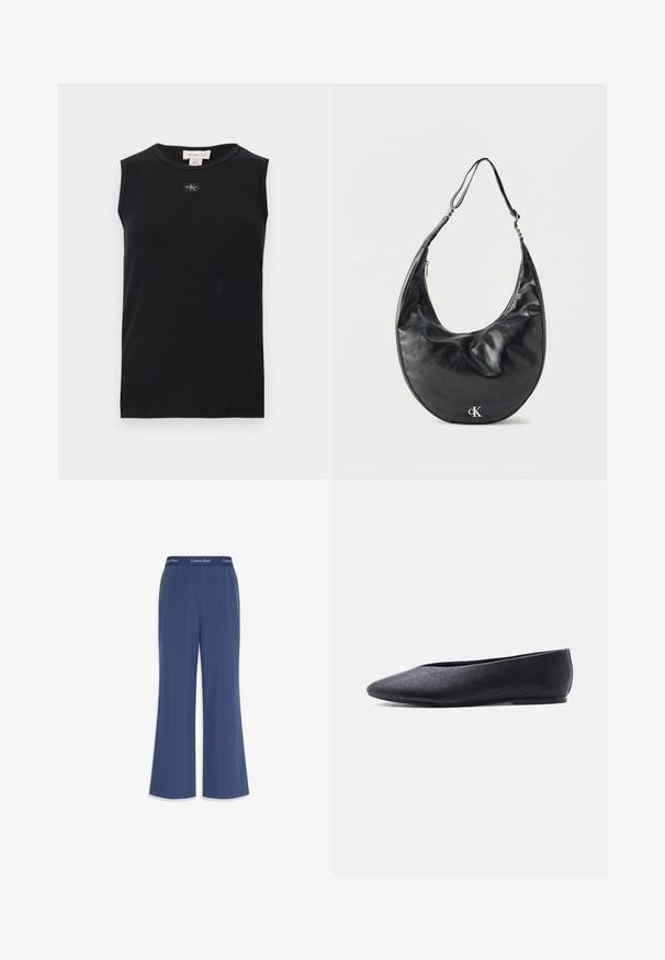 Čierne rebrované tielko bez rukávov s okrúhlym výstrihom a malou nášivkou s logom Calvin Klein umiestnenou v strede pod golierom.; Námornícky široké nohavice vyrobené z mäkkého materiálu s hladkou textúrou. Obsahujú elastický pás so značkou "Calvin Klein" pozdĺž vrchu.; Čierna balerína s plochou podrážkou, špicatou špičkou a jemným perforovaným vzorom, zobrazená z boku na jednoduchom bielom pozadí.; Čierna kožená ramenná taška v tvare polmesiaca s nastaviteľným popruhom a strieborným logom "cK" na prednej strane, na bielom pozadí.